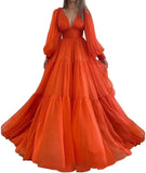 Langes Ballkleid mit Puffärmeln, Tüll, Ballkleid für Damen, Brautkleider, V-Ausschnitt, formelle Abendkleider