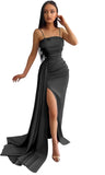 Women's Mermaid Prom Dresses Long with Slit 2025 Sequins Satin Spaghetti Straps Formal Evening Party Gown