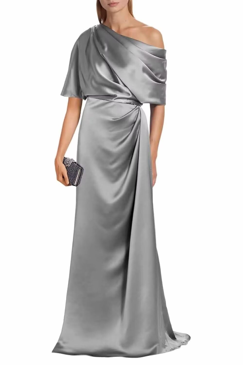 Satin Mother of The Bride Dresses for Wedding One Shoulder Formal Dress with Sleeves Mermaid Evening Party Gowns
