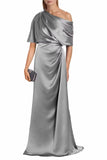 Satin Mother of The Bride Dresses for Wedding One Shoulder Formal Dress with Sleeves Mermaid Evening Party Gowns