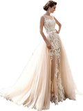 Mermaid Lace Cap Wedding Dress with Detachable Tulle Train for Bride Evening Prom Gown