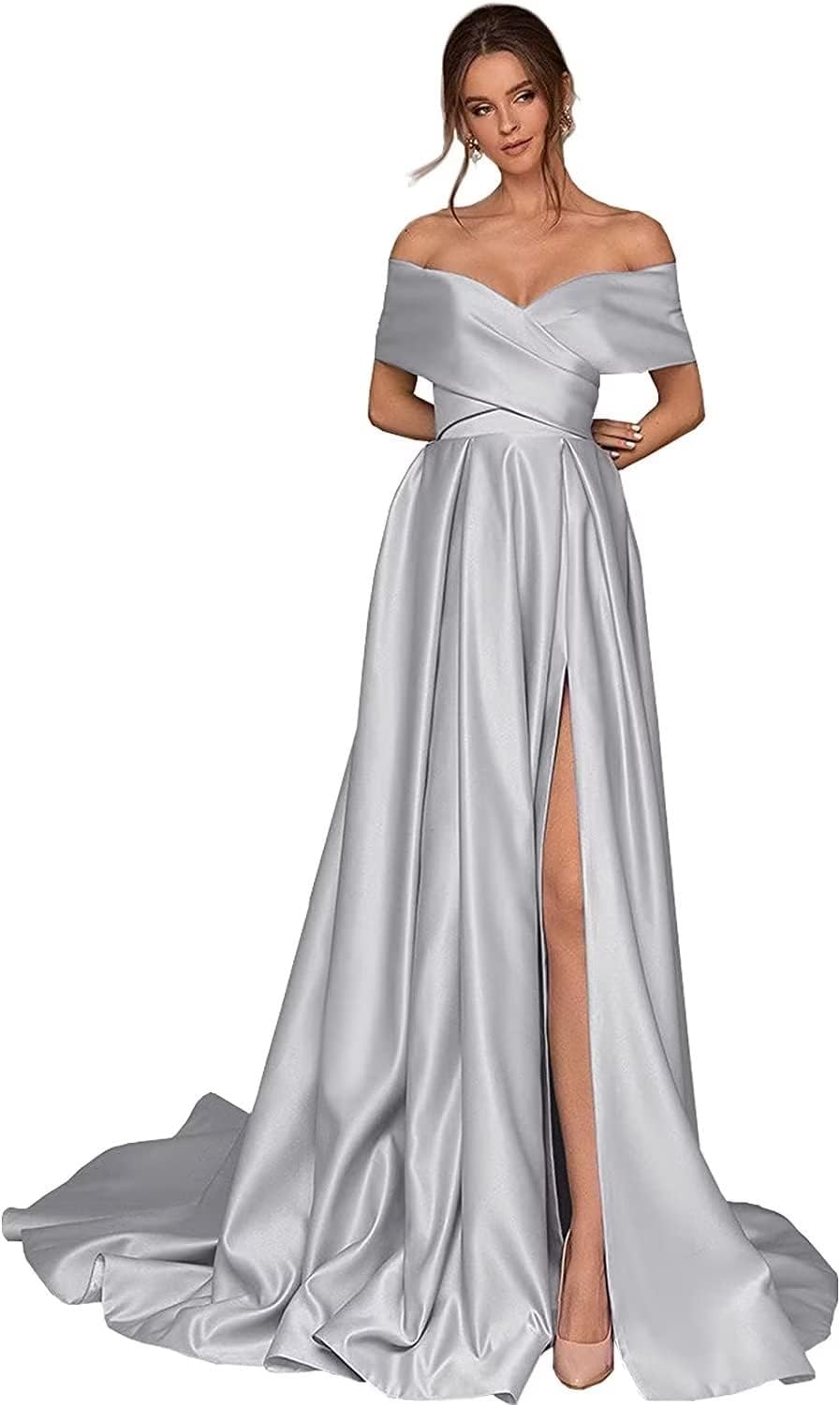 Women's Off Shoulder Long Prom Dresses with Slit 2025 Satin A-Line Sweetheart Corset Formal Evening Dresses with Pockets