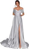 Women's Off Shoulder Long Prom Dresses with Slit 2025 Satin A-Line Sweetheart Corset Formal Evening Dresses with Pockets