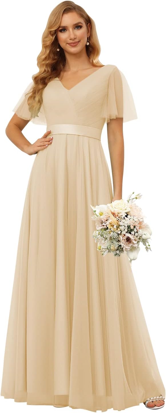 Damen Brautjungfernkleider mit Flatterärmeln, Tüll, lang, V-Ausschnitt, Empire-Taille, formelles Kleid 