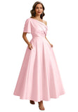 Kingbridal Satin Mother of The Bride Dresses for Women Tea Length Formal Dress One Shoulder Evening Party Gowns with Pockets