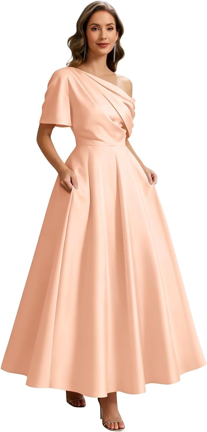 Kingbridal Satin Mother of The Bride Dresses for Women Tea Length Formal Dress One Shoulder Evening Party Gowns with Pockets