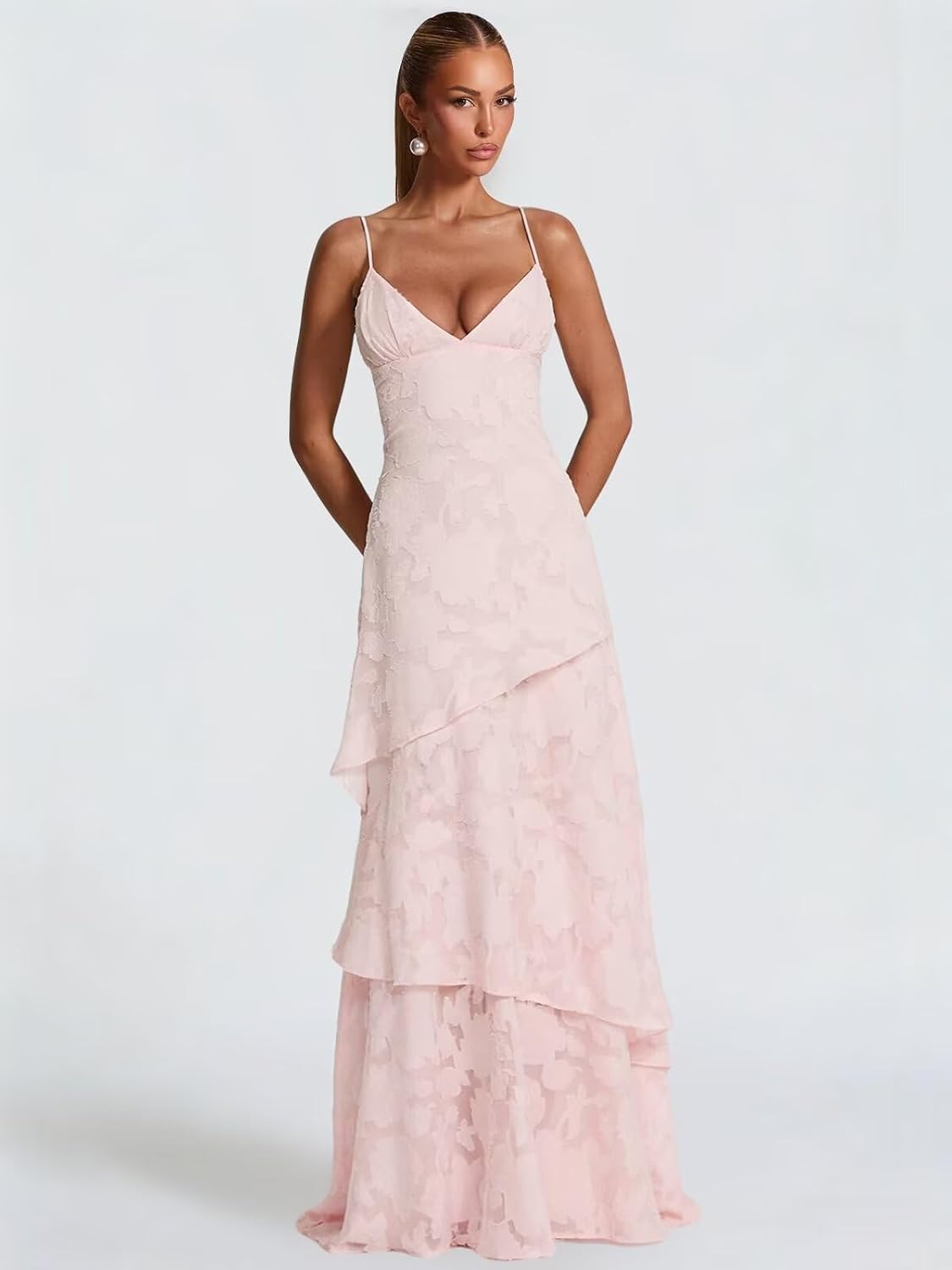 Spaghetti Strap Floral Bridesmaid Dresses for Women Tiered Ruffle A-Line Long Formal Prom Dress