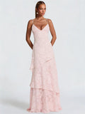 Spaghetti Strap Floral Bridesmaid Dresses for Women Tiered Ruffle A-Line Long Formal Prom Dress