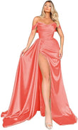 Off Shoulder Satin Bridesmaid Dresses Long Formal Gown for Wedding Ruched Prom Dress with Slit