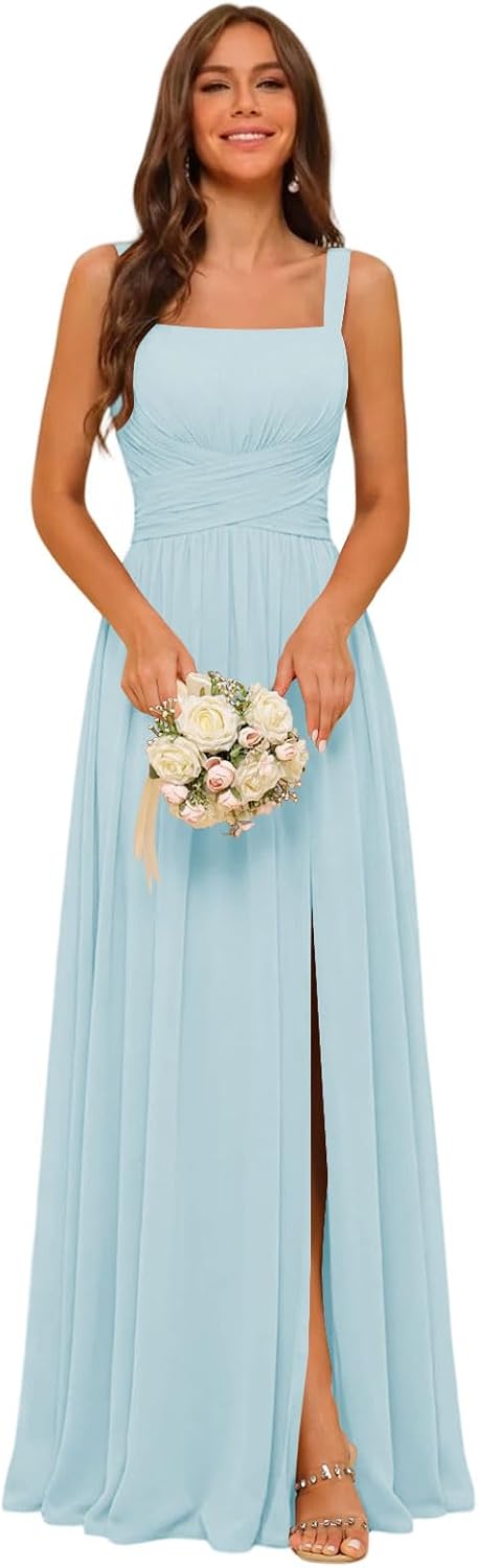 Square Neck Bridesmaid Dress Spaghetti Straps Chiffon Long Formal Dress for Women