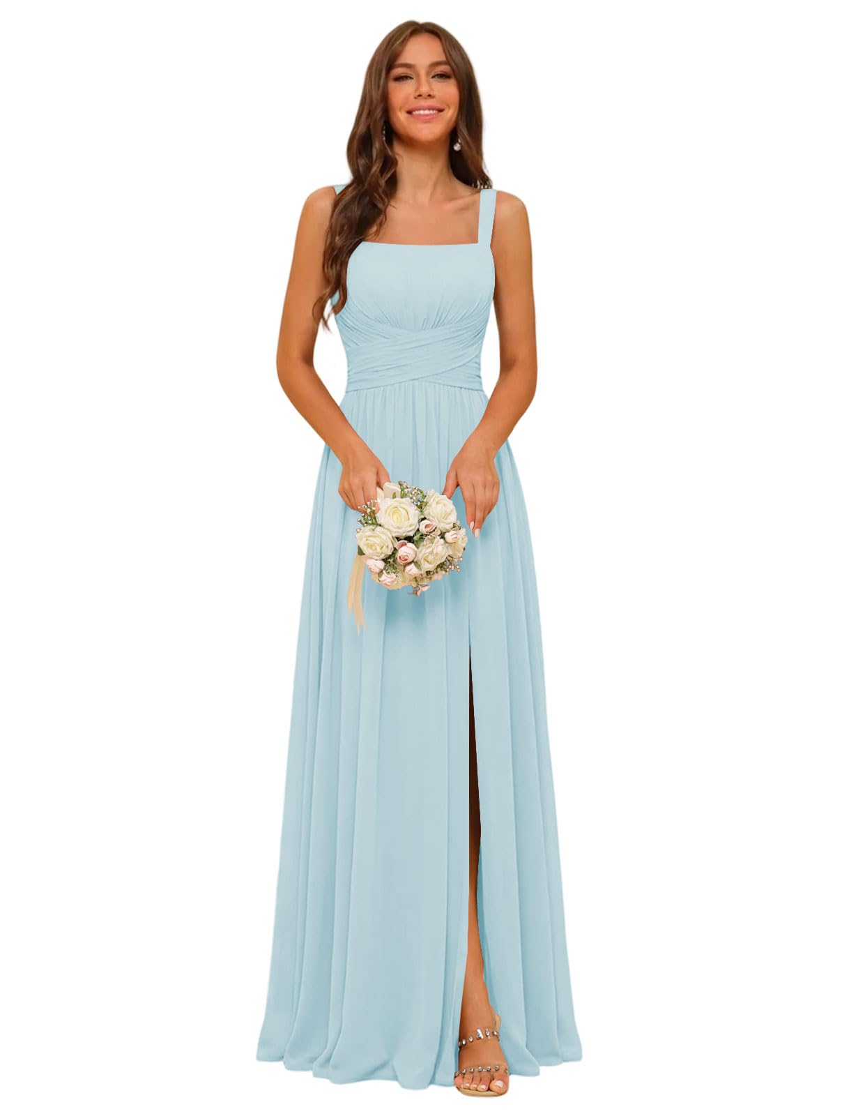 Square Neck Bridesmaid Dress Spaghetti Straps Chiffon Long Formal Dress for Women
