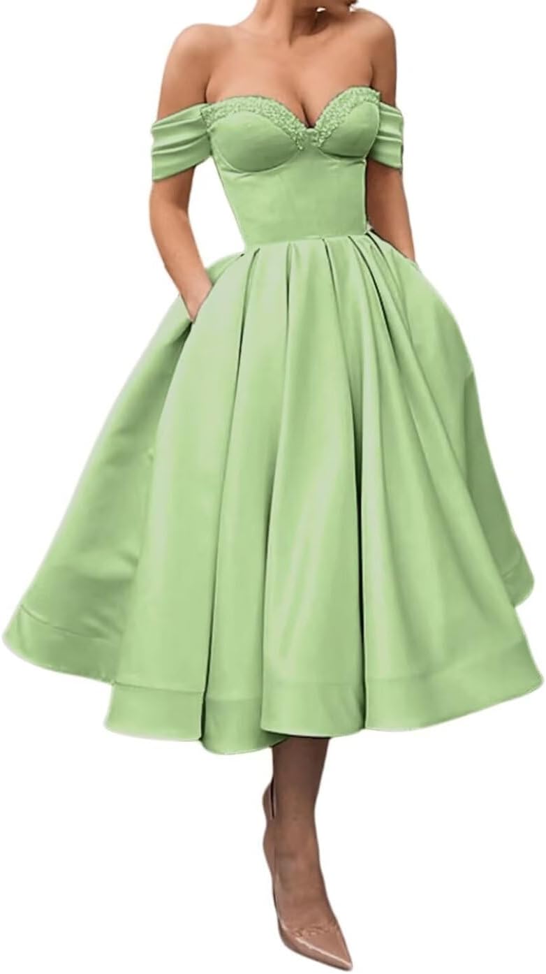 A Line Off Shoulder Prom Dresses for Women Satin Tea Length Cocktail Party Dresses with Pockets