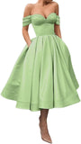 A Line Off Shoulder Prom Dresses for Women Satin Tea Length Cocktail Party Dresses with Pockets