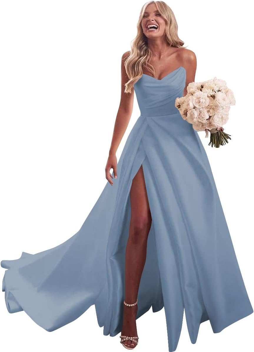 Strapless Satin Prom Wedding Dresses with Slit Long Pleats Formal Ball Bridal Gowns with Pockets