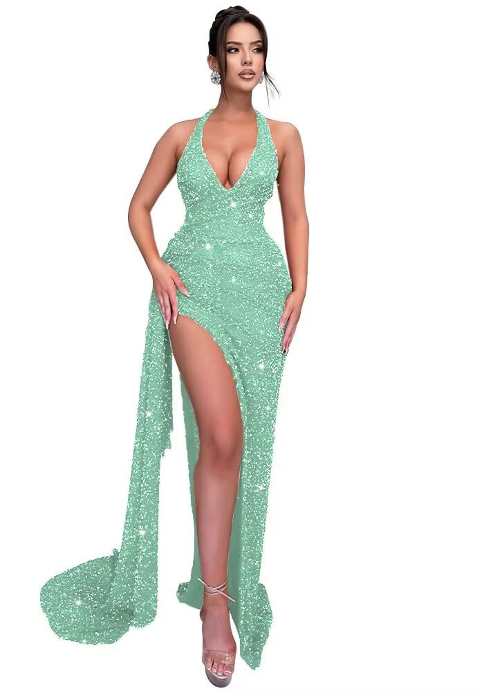 Sparkly Sequin Halter Prom Dresses for Women Mermaid Formal Dress with Slit Backless Ruched Evening Party Gowns