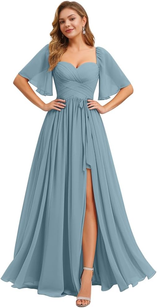 Women's Chiffon Bridesmaid Dresses for Wedding Flutter Sleeves Ruched A Line Long Formal Dress with Slit