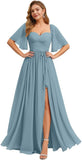 Women's Chiffon Bridesmaid Dresses for Wedding Flutter Sleeves Ruched A Line Long Formal Dress with Slit