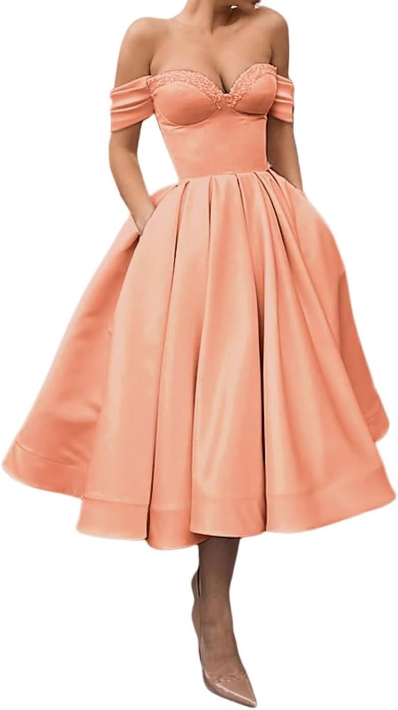 A Line Off Shoulder Prom Dresses for Women Satin Tea Length Cocktail Party Dresses with Pockets