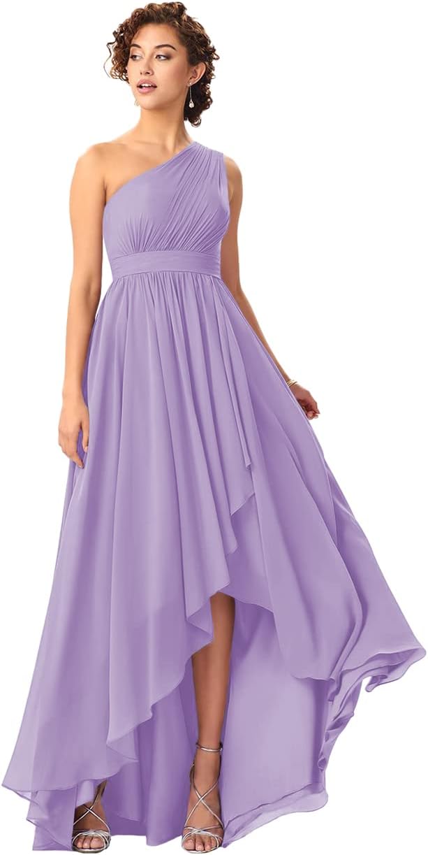 Women's One Shoulder Bridesmaid Dresses High Low Chiffon Formal Party Gowns with Pockets