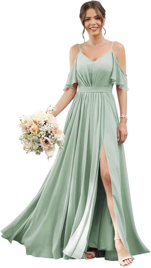 Women's Cold Shoulder Ruffle Sleeves Bridesmaid Dresses for Women 2025 Pleated Chiffon Formal Dresses with Slit