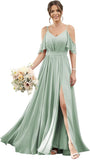 Women's Cold Shoulder Ruffle Sleeves Bridesmaid Dresses for Women 2025 Pleated Chiffon Formal Dresses with Slit