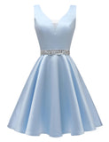 Satin Glitter Homecoming Dresses for Teens Short Prom Dress V-Neck Beaded Evening Formal Cocktail Party Gowns