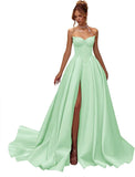 Kingbridal Gowns Strapless Prom Dresses for Women 2026 Long Satin A-line Formal Dress with Slit Beaded Corset Evening Party Gowns