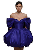Off The Shoulder Short Wedding Dresses for Bride Puffy Satin Bridal Dresses w/Pockets Strapless Formal Ball Gowns