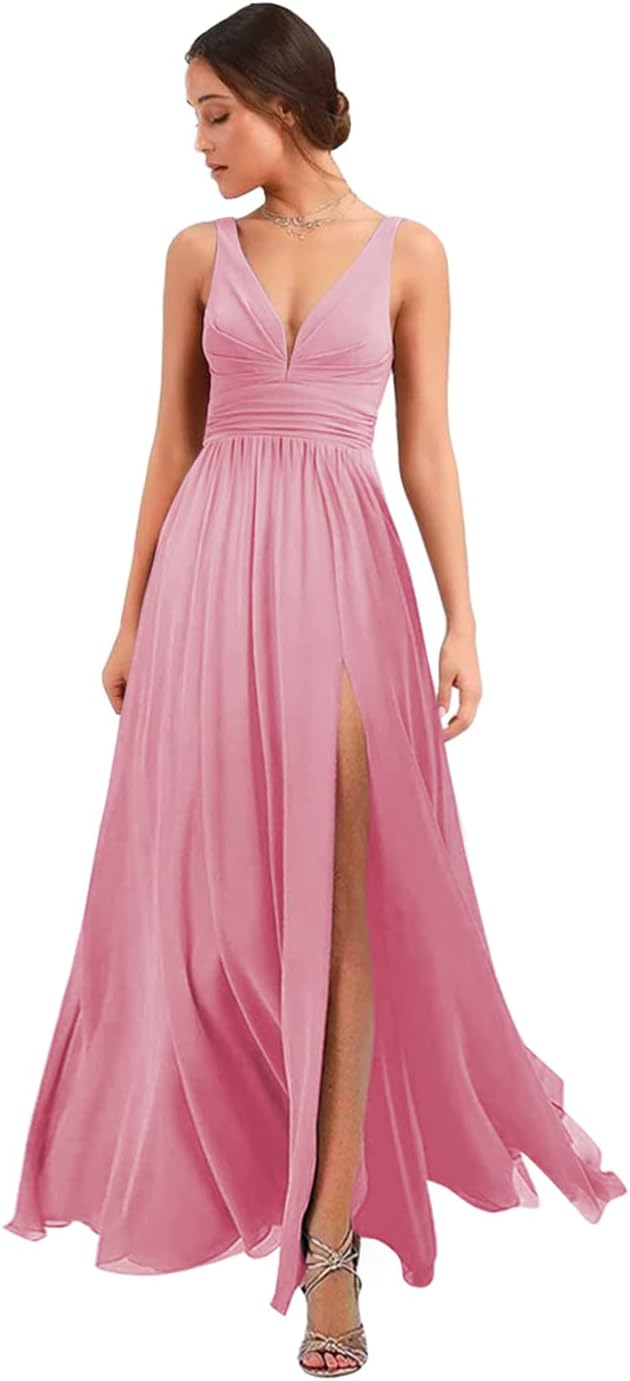 Women's Deep V Neck Bridesmaid Dresses with Slit Chiffon Pleats A Line Formal Party Dresses with Pockets