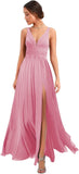 Women's Deep V Neck Bridesmaid Dresses with Slit Chiffon Pleats A Line Formal Party Dresses with Pockets