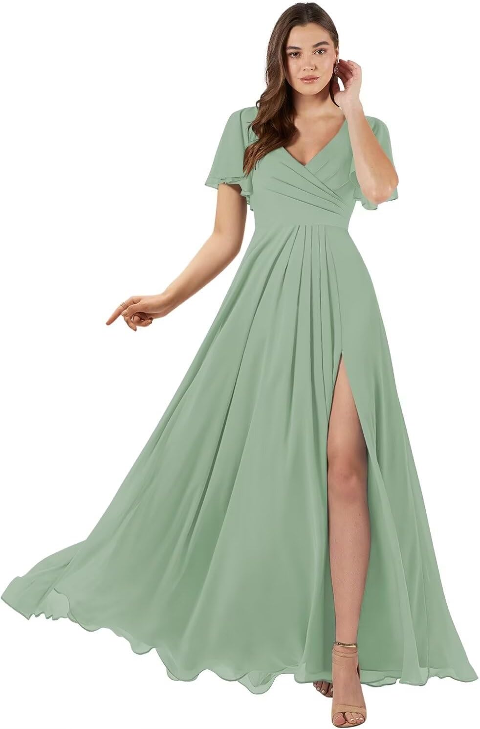 Damen Brautjungfernkleider mit Flatterärmeln, lang, mit Schlitz, V-Ausschnitt, Chiffon, formelle Kleider 