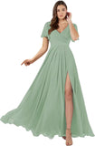 Damen Brautjungfernkleider mit Flatterärmeln, lang, mit Schlitz, V-Ausschnitt, Chiffon, formelle Kleider 