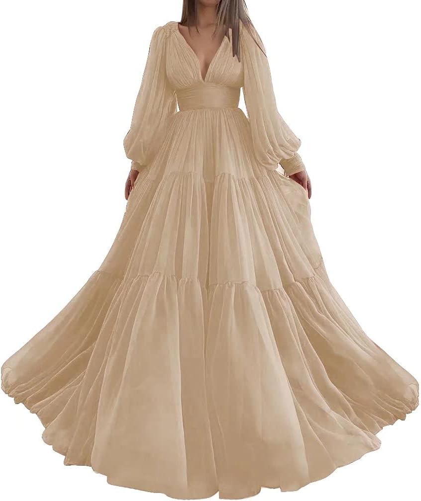Langes Ballkleid mit Puffärmeln, Tüll, Ballkleid für Damen, Brautkleider, V-Ausschnitt, formelle Abendkleider