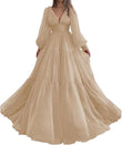 Langes Ballkleid mit Puffärmeln, Tüll, Ballkleid für Damen, Brautkleider, V-Ausschnitt, formelle Abendkleider
