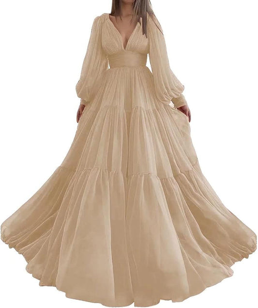 Langes Ballkleid mit Puffärmeln, Tüll, Ballkleid für Damen, Brautkleider, V-Ausschnitt, formelle Abendkleider