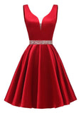 Satin Glitter Homecoming Dresses for Teens Short Prom Dress V-Neck Beaded Evening Formal Cocktail Party Gowns
