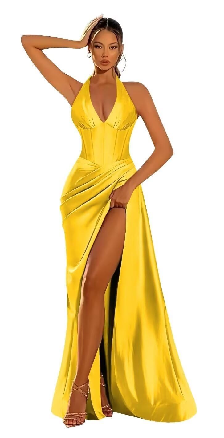 Halter Satin Prom Dresses for Women 2027 Long Mermaid Corset Formal Dress Pleated Evening Party Gowns with Slit