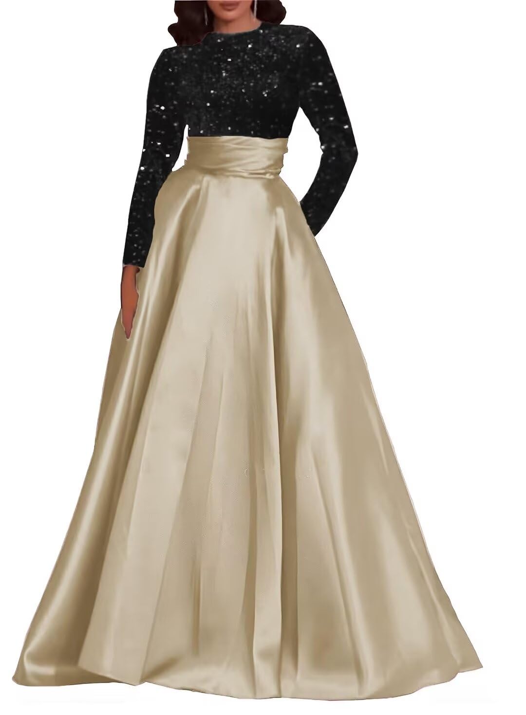 Kingbridal Gowns Long Sleeve Sequin Prom Dresses for Women Satin A-line Formal Dress 2026 Sparkly Evening Party Gowns with Pockets