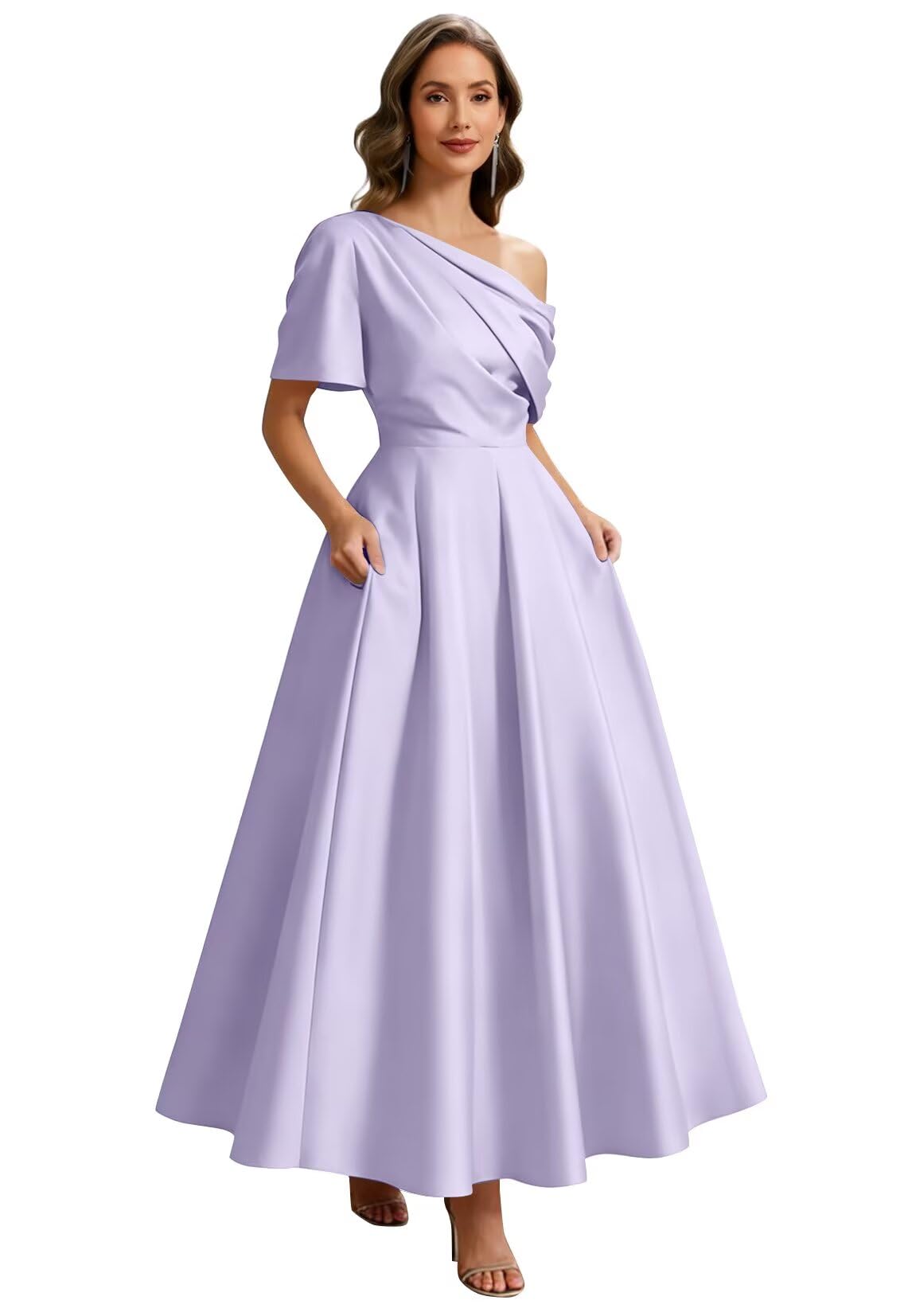 Kingbridal Satin Mother of The Bride Dresses for Women Tea Length Formal Dress One Shoulder Evening Party Gowns with Pockets