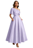 Kingbridal Satin Mother of The Bride Dresses for Women Tea Length Formal Dress One Shoulder Evening Party Gowns with Pockets