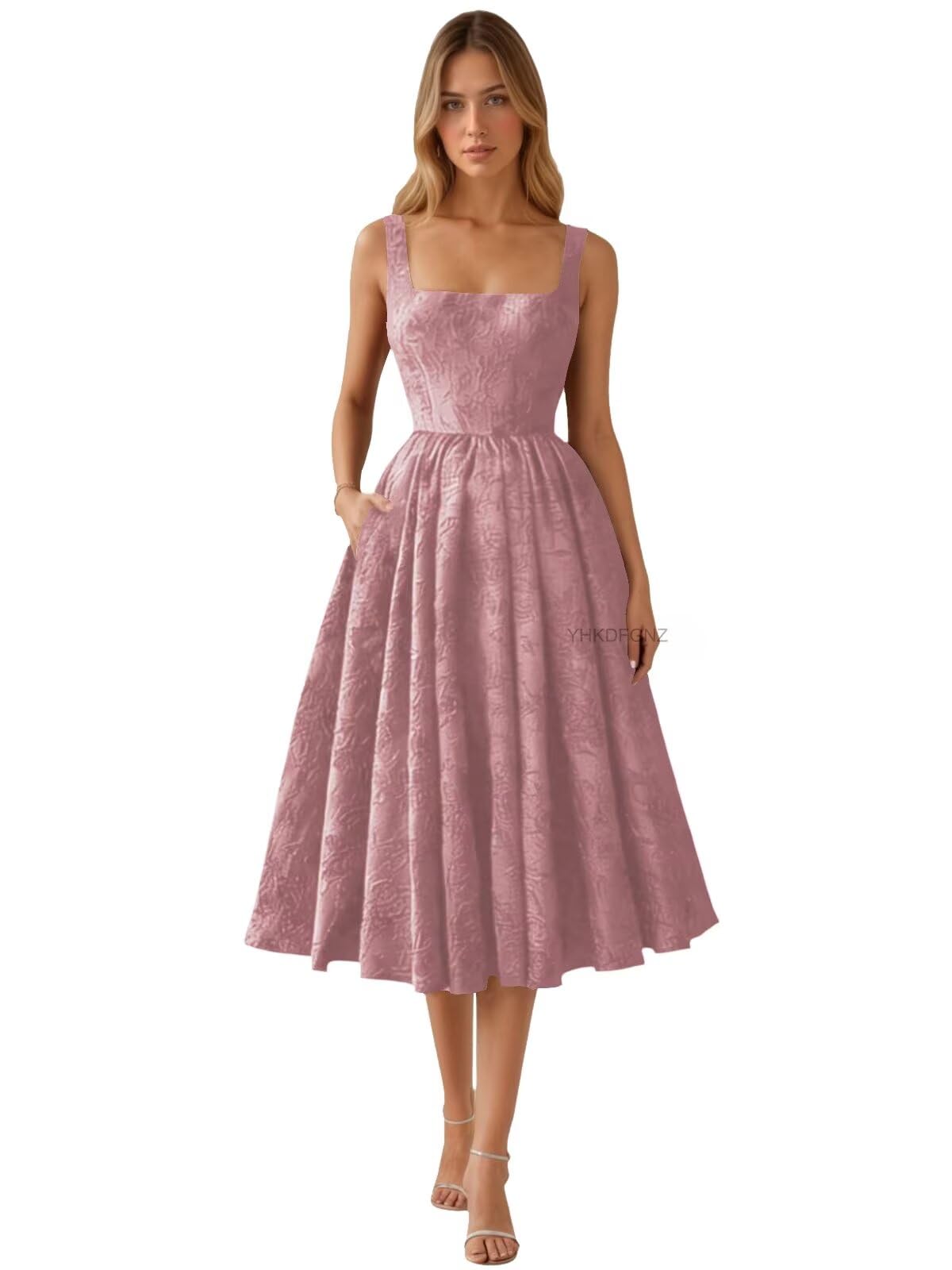 Floral Jacquard Satin Prom Dresses for Women Tea Length Formal Evening Party Dress with Pockets