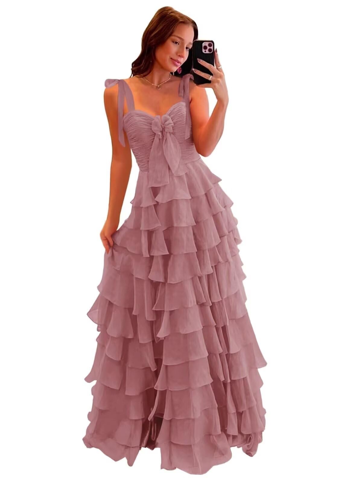 Tiered Prom Dresses with Bow Long A-Line Chiffon Formal Evening Dress for Women Spaghetti Straps Slit Ball Gown