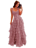 Tiered Prom Dresses with Bow Long A-Line Chiffon Formal Evening Dress for Women Spaghetti Straps Slit Ball Gown