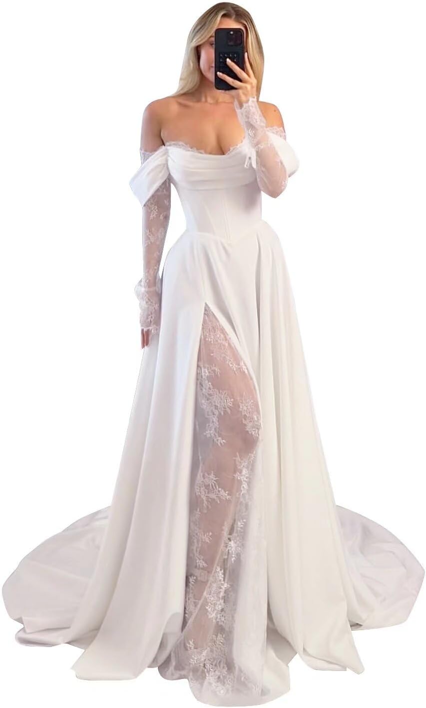 Off Shoulder Satin Wedding Dresses Lace Long Sleeve Prom Dresses Corset A-Line Ball Gowns with Slit