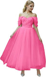 Tulle Tea Length Prom Dresses for Women Off The Shoulder Ball Gowns Teens Sweetheart Beaded Puffy Princess Dress