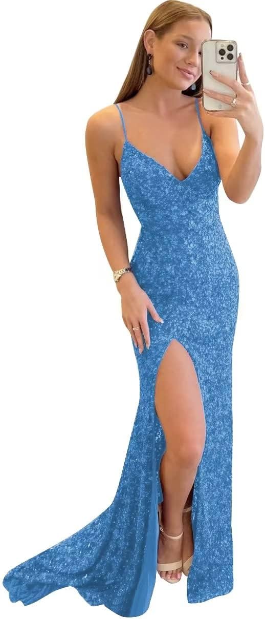 Vestido de fiesta con tirantes finos y lentejuelas, vestido de noche de sirena brillante con abertura, vestidos largos para mujer 2024 