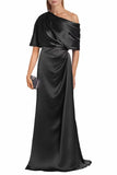 Satin Mother of The Bride Dresses for Wedding One Shoulder Formal Dress with Sleeves Mermaid Evening Party Gowns