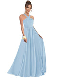 Halter Bridesmaid Dresses for Wedding Chiffon A Line Pleated Long Formal Prom Dress with Belt
