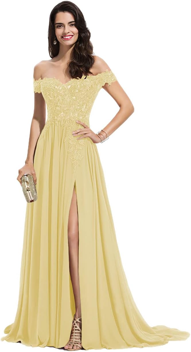 Women's Off The Shoulder Long Prom Dresses with Slit Lace Appliqued Chiffon Formal Party Gowns