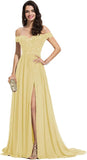 Women's Off The Shoulder Long Prom Dresses with Slit Lace Appliqued Chiffon Formal Party Gowns